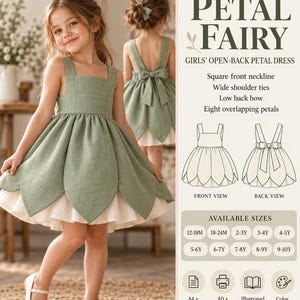 Peut inclure: Une robe vert sauge avec une encolure carrée, de larges bretelles et un dos nu avec un nœud. La jupe présente huit pétales superposés sur un jupon blanc. Le texte indique Petal Fairy et Mystovia Art.