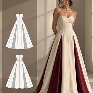 Peut inclure: Une robe longue sans bretelles avec un décolleté en cœur et un corsage ajusté. La jupe est composée de panneaux alternés de tissu crème et bordeaux profond, créant une silhouette évasée. Inclut un dessin technique de la coupe.