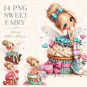 Può includere: Illustrazione digitale di una fata con capelli biondi, un vestito turchese e ali, seduta su un cupcake. L'immagine include cuori, macarons e il testo "14 PNG SWEET FAIRY". La risoluzione è di 4096 x 4096 px.