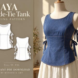 May include: A blue denim tank top with side-tie closures on a mannequin, accompanied by a sewing pattern illustration labeled NAYA Side-Tie Tank SEWING PATTERN, Sizes XS-XXL, and the text INSTANT PDF DOWNLOAD BY MYSTOVIA ART.