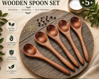 Handmade Wooden Spoon Set | 5-Piece Natural Wood Utensils, Eco-Friendly Cooking & Serving
