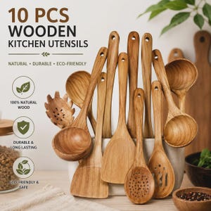 May include: A 10-piece set of light brown wooden kitchen utensils including ladles, spatulas, and slotted spoons. The text reads 10 PCS WOODEN KITCHEN UTENSILS, NATURAL, DURABLE, ECO-FRIENDLY, 100% NATURAL WOOD, DURABLE & LONG LASTING, ECO-FRIENDLY & SAFE.
