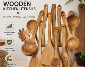 10 Piece Natural Wood Kitchen Utensil Set, Nonstick Cookware Safe, Rustic Cooking Tools