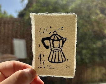 Moka Pot Lino print - hand carved and printed onto handmade paper