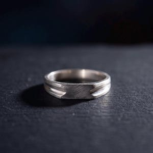 Solid Sterling Silver Bar Signet Ring — Minimalist Grooved Band, Rhodium Plated, Handmade in Spain