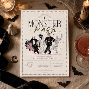 Op de afbeelding: Een rechthoekige Halloween-uitnodiging met de tekst Monster Mash en illustraties van een dansende vampier, bruid, het monster van Frankenstein en een mummie. De kaart bevat de details voor het evenement op 26 oktober om 19:30 uur in Nashville.
