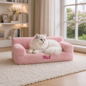 Puede incluir: Un gato blanco y esponjoso descansa sobre un pequeño sofá rosa para mascotas. El sofá tiene reposabrazos y el nombre "Mel" bordado en el lateral. El sofá está sobre una alfombra blanca en una habitación luminosa.