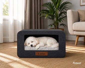 Personlig hundgrottbädd, anpassad inomhuslounge, varm sovplats för smådjur, modern plyschfristad, handgjord personlig