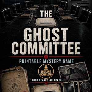 May include: A printable mystery game titled The Ghost Committee featuring a dark boardroom setting with black leather chairs, stacks of restricted dossiers, meeting minutes, a pen, and photographic evidence marked with red target symbols.
