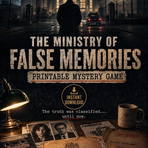 Peut inclure: Un jeu de mystère imprimable intitulé The Ministry of False Memories présentant une scène sombre et atmosphérique avec un bureau, une lampe, une cassette audio marquée MCC-AUDIO 17B, des photos et des dossiers Ministry of Civil Continuity.