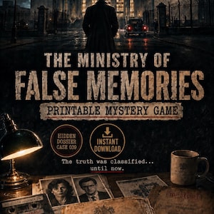 Könnte beinhalten: Ein druckbares Mystery-Spiel mit dem Titel The Ministry of False Memories, das eine düstere, atmosphärische Szene mit einem Schreibtisch, einer Lampe, einer Kassette, Fotos, einer Tasse und als geheim eingestuften Akten des Ministry of Civic Continuity zeigt.