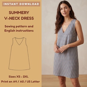 Può includere: Un abito senza maniche con scollo a V e motivo a quadretti blu e beige. L'immagine include il testo: INSTANT DOWNLOAD, SUMMERY V-NECK DRESS, Sewing pattern and English instructions, Sizes XS - 2XL, Print on A4 / A0 / US Letter, e un disegno.