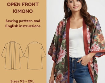 Patron de couture kimono ouvert sur le devant | Veste PDF pour débutants (XS-2XL) (téléchargement instantané)