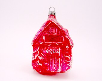 Mold Blown Figural Cottage Christmas Ornament Red Vintage Glass House Holiday Ornament