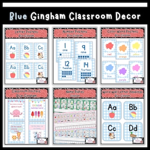 May include: A collection of Blue Gingham classroom decor featuring letter posters, number posters, color word posters, classroom posters, name plates, and word wall letter headings. Each item displays a light blue and white checkered pattern.