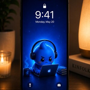 Könnte beinhalten: Smartphone-Bildschirm mit einem blauen Cartoon-Charakter mit Kopfhörern, der an einem Laptop arbeitet. Die Uhrzeit ist 9:41 Uhr, Montag, 20. Mai. Eine Kaffeetasse und Bücher sind ebenfalls zu sehen.
