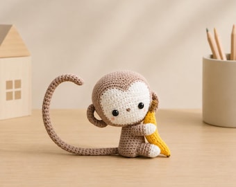Patrón de mono de ganchillo con plátano, juguete amigurumi para guardería (PDF)