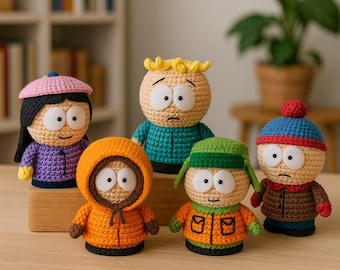 Paquete de patrones de amigurumi a crochet inspirados en South Park en formato PDF. Personajes para armar juguetes.
