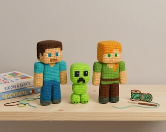 Paquete de patrones de ganchillo de Minecraft, tutorial en PDF de amigurumi de Steve Alex Creeper