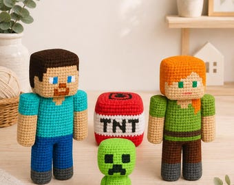 Paquete de patrones de amigurumi de ganchillo inspirados en Minecraft en formato PDF: personajes de peluche.