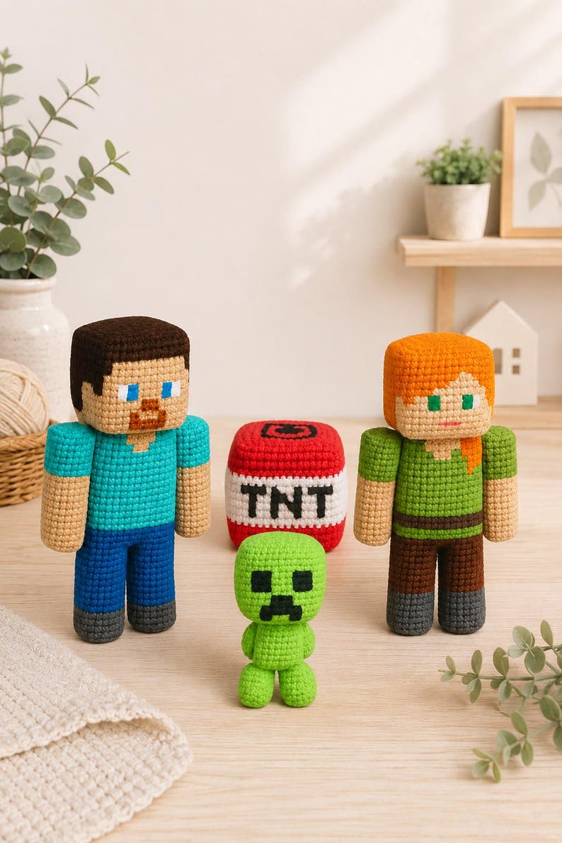 May include: A set of three crocheted dolls and a block. One doll has brown hair and a blue shirt, another has orange hair and a green shirt, and the third is a small green creature. Between them sits a red cube with the white text TNT.