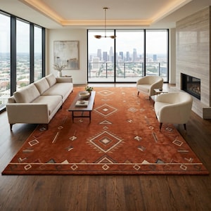 Hand tufted wool rug in rich terracotta featuring a southwestern tribal geometric pattern. Bold diamond medallion centre with concentric borders, ivory and charcoal accents, aztec-inspired motifs. Plush medium pile, artisan crafted, placed on warm oak hardwood floor. Perfect for boho living room, rustic bedroom or as a unique housewarming gift. Custom sizes available.