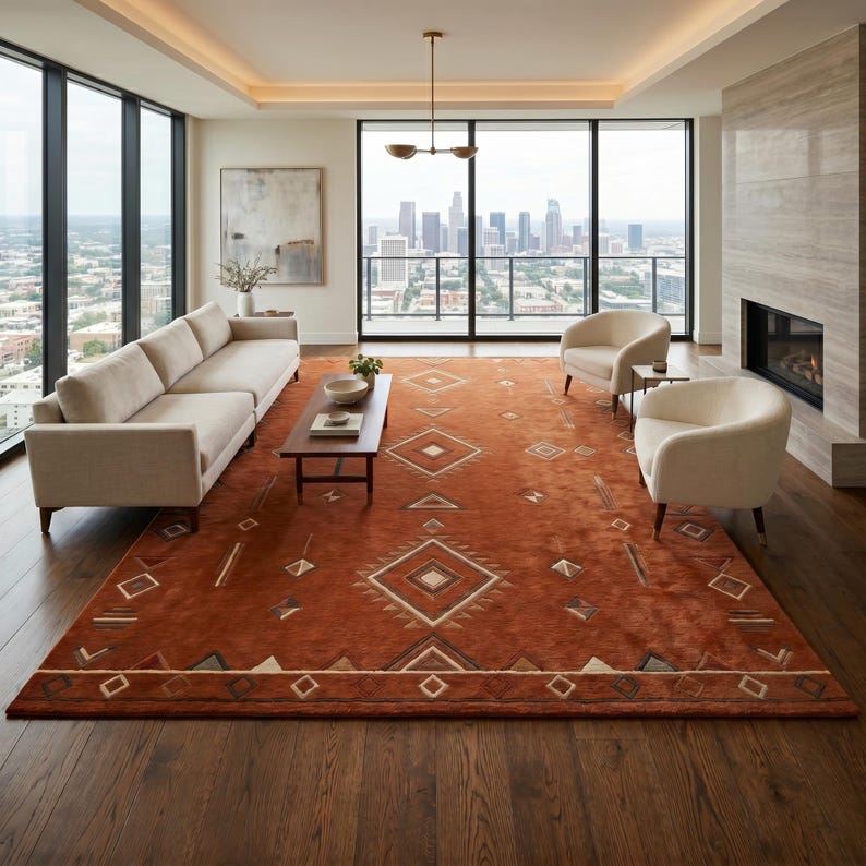 Hand tufted wool rug in rich terracotta featuring a southwestern tribal geometric pattern. Bold diamond medallion centre with concentric borders, ivory and charcoal accents, aztec-inspired motifs. Plush medium pile, artisan crafted, placed on warm oak hardwood floor. Perfect for boho living room, rustic bedroom or as a unique housewarming gift. Custom sizes available.