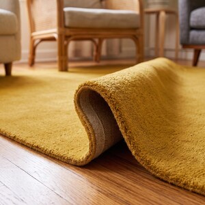 Close-up view of a handmade hand tufted mustard yellow wool area rug with a plush textured surface and neatly finished rolled edge revealing durable cotton canvas backing. Modern minimalist solid color rug crafted from premium New Zealand wool, ideal for living room, bedroom, office, nursery, luxury home decor, custom size area rug, contemporary interior, housewarming gift, and new home gift.