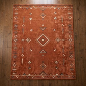 Hand tufted wool rug in rich terracotta featuring a southwestern tribal geometric pattern. Bold diamond medallion centre with concentric borders, ivory and charcoal accents, aztec-inspired motifs. Plush medium pile, artisan crafted, placed on warm oak hardwood floor. Perfect for boho living room, rustic bedroom or as a unique housewarming gift. Custom sizes available.