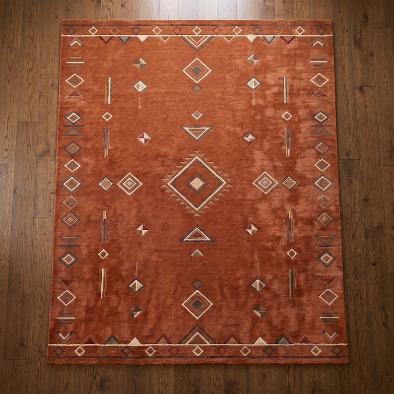 Hand tufted wool rug in rich terracotta featuring a southwestern tribal geometric pattern. Bold diamond medallion centre with concentric borders, ivory and charcoal accents, aztec-inspired motifs. Plush medium pile, artisan crafted, placed on warm oak hardwood floor. Perfect for boho living room, rustic bedroom or as a unique housewarming gift. Custom sizes available.