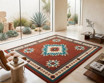 Puede incluir: Una alfombra rectangular con una base de color rojo terracota y un gran patrón geométrico central de estrella en tonos verde azulado, crema y marrón oscuro. El borde incluye motivos repetitivos de diamantes y estrellas a juego.