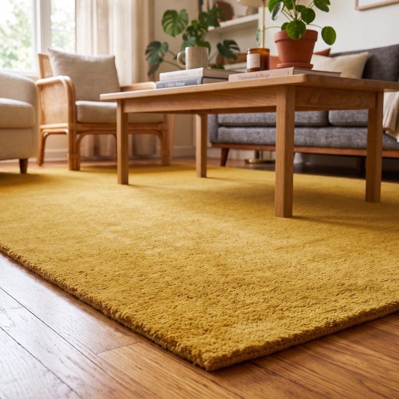 Close-up view of a handmade hand tufted mustard yellow wool area rug with a plush textured surface and neatly finished rolled edge revealing durable cotton canvas backing. Modern minimalist solid color rug crafted from premium New Zealand wool, ideal for living room, bedroom, office, nursery, luxury home decor, custom size area rug, contemporary interior, housewarming gift, and new home gift.