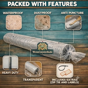 May include: A rolled carpet wrapped in clear plastic packaging labeled WovenCarpetsStudio. The image highlights features including waterproof, dustproof, anti-puncture, and heavy-duty properties, and shows included extras like a zip tie and labels.