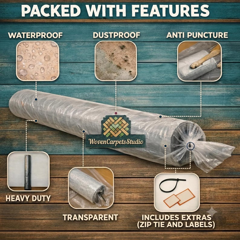 May include: A rolled carpet wrapped in clear plastic packaging labeled WovenCarpetsStudio. The image highlights features including waterproof, dustproof, anti-puncture, and heavy-duty properties, and shows included extras like a zip tie and labels.