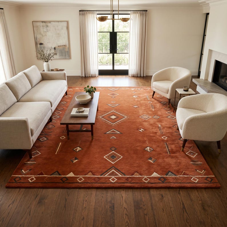 Hand tufted wool rug in rich terracotta featuring a southwestern tribal geometric pattern. Bold diamond medallion centre with concentric borders, ivory and charcoal accents, aztec-inspired motifs. Plush medium pile, artisan crafted, placed on warm oak hardwood floor. Perfect for boho living room, rustic bedroom or as a unique housewarming gift. Custom sizes available.