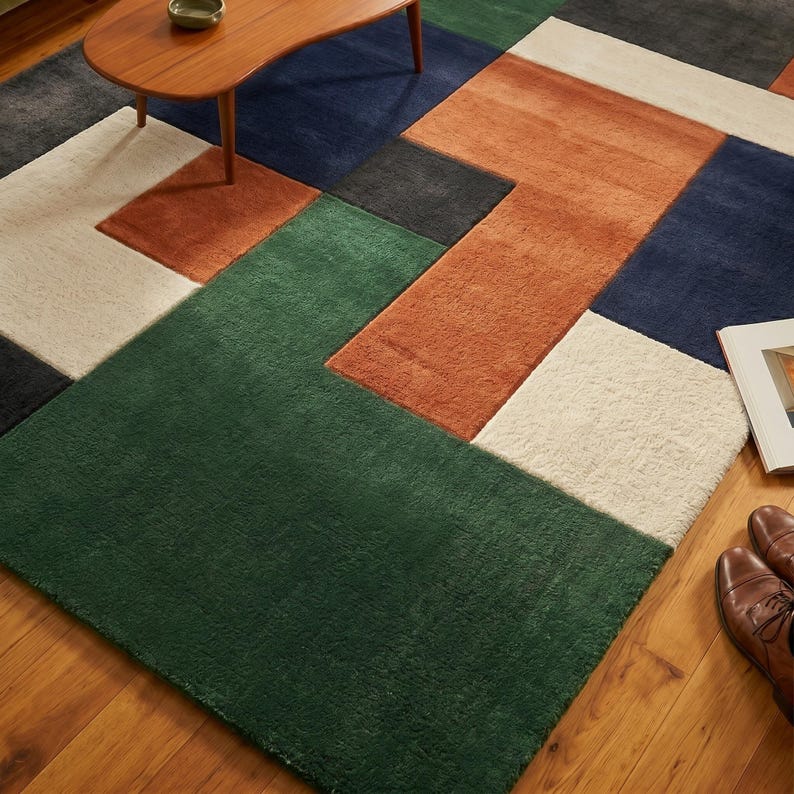 Block Pattern Area Rug 8x10 Large Wool Area Rug | Tufted Colour Block | Boho Mid-century ...