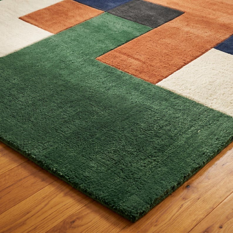 Block Pattern Area Rug 8x10 Large Wool Area Rug | Tufted Colour Block | Boho Mid-century ...