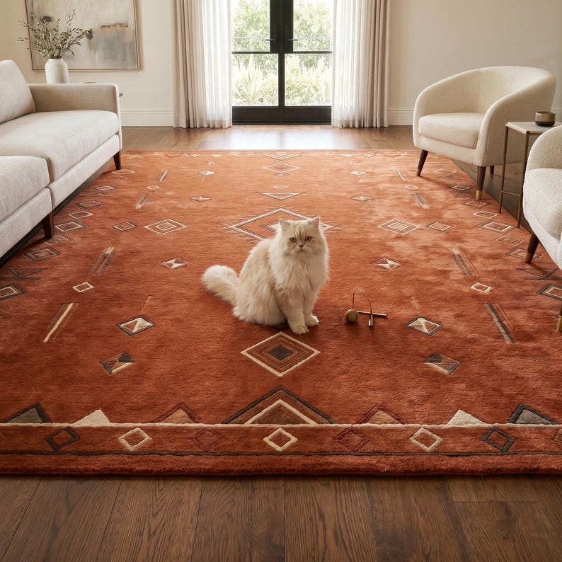 Hand tufted wool rug in rich terracotta featuring a southwestern tribal geometric pattern. Bold diamond medallion centre with concentric borders, ivory and charcoal accents, aztec-inspired motifs. Plush medium pile, artisan crafted, placed on warm oak hardwood floor. Perfect for boho living room, rustic bedroom or as a unique housewarming gift. Custom sizes available.