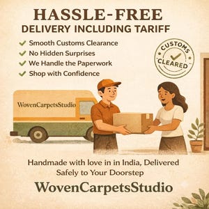 May include: An illustration featuring a delivery van labeled WovenCarpetsStudio, a person in a cap handing a cardboard box to another person, and text stating HASSLE-FREE DELIVERY INCLUDING TARIFF, Customs Cleared, and WovenCarpetsStudio.