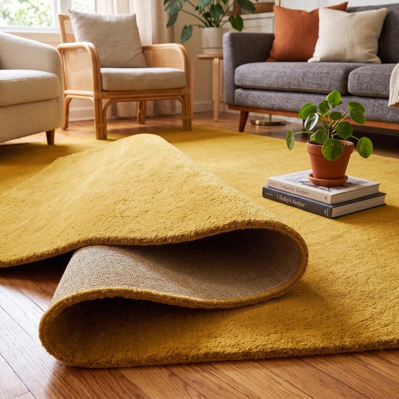 Close-up view of a handmade hand tufted mustard yellow wool area rug with a plush textured surface and neatly finished rolled edge revealing durable cotton canvas backing. Modern minimalist solid color rug crafted from premium New Zealand wool, ideal for living room, bedroom, office, nursery, luxury home decor, custom size area rug, contemporary interior, housewarming gift, and new home gift.