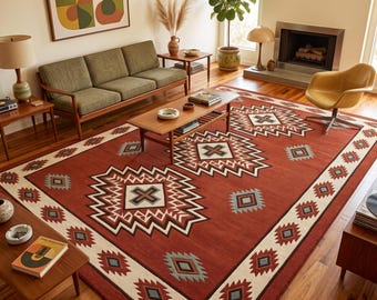 Puede incluir: Una alfombra rectangular grande con un color base rojo terracota intenso y un borde de color crema. La alfombra muestra un patrón geométrico repetitivo en tonos marrón oscuro, blanco y azul claro, dispuesto en una disposición simétrica.