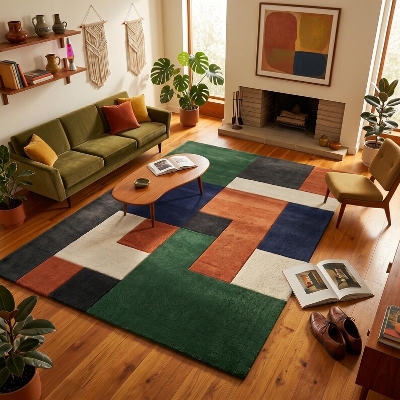 Block Pattern Area Rug 8x10 Large Wool Area Rug | Tufted Colour Block | Boho Mid-century ...