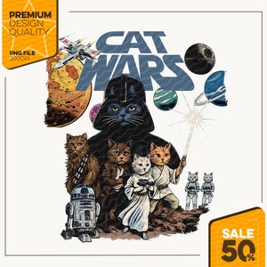 Może przedstawiać: Graficzna ilustracja zatytułowana CAT WARS przedstawiająca centralnie umieszczonego czarnego kota w ciemnej zbroi, otoczonego przez różne koty w kostiumach kosmicznych, małego robota, dwie małe opancerzone postacie, planety oraz statek kosmiczny.