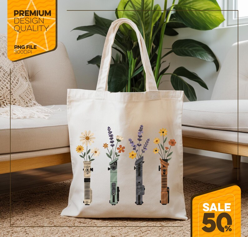 May include: Cream-colored tote bag featuring four stylized lightsabers, each holding a different arrangement of flowers. The lightsabers are in various colors, and the flowers include daisies, lavender, and sunflowers. The bag has a simple design with long handles.