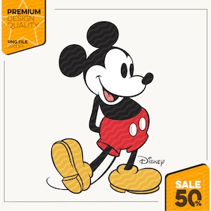 May include: A cartoon illustration of Mickey Mouse in a classic pose. Mickey is wearing red shorts, yellow shoes, and white gloves. The image includes the Disney logo and text indicating a 50% sale.