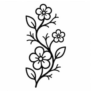 May include: A black and white line art illustration of a vertical floral vine. The design features three five-petaled flowers connected by a central stem with several pointed leaves and small branching twigs extending from the main vine structure.