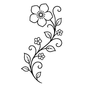 May include: A black and white line art illustration of a floral vine. The design features a large five-petaled flower at the top, three smaller five-petaled flowers, several pointed leaves, and decorative swirling vine tendrils on a white background.