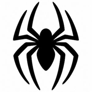 May include: A solid black silhouette of a spider featuring a central oval-shaped body and eight long, pointed legs extending outward in a symmetrical arrangement. The design is flat and graphic, displaying a clear, high-contrast arachnid shape.