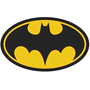 May include: An oval-shaped emblem featuring a black bat silhouette centered against a vibrant yellow background. The design is enclosed by a thick black border, creating a high-contrast graphic representation of the iconic superhero symbol.