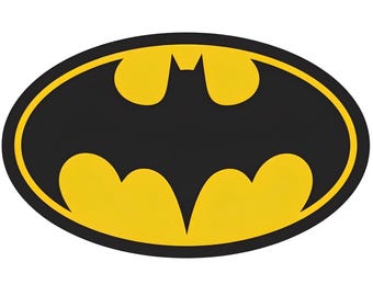 May include: An oval-shaped emblem featuring a black bat silhouette centred against a vibrant yellow background. The design is enclosed by a thick black border, creating a high-contrast graphic representation of the iconic superhero symbol.